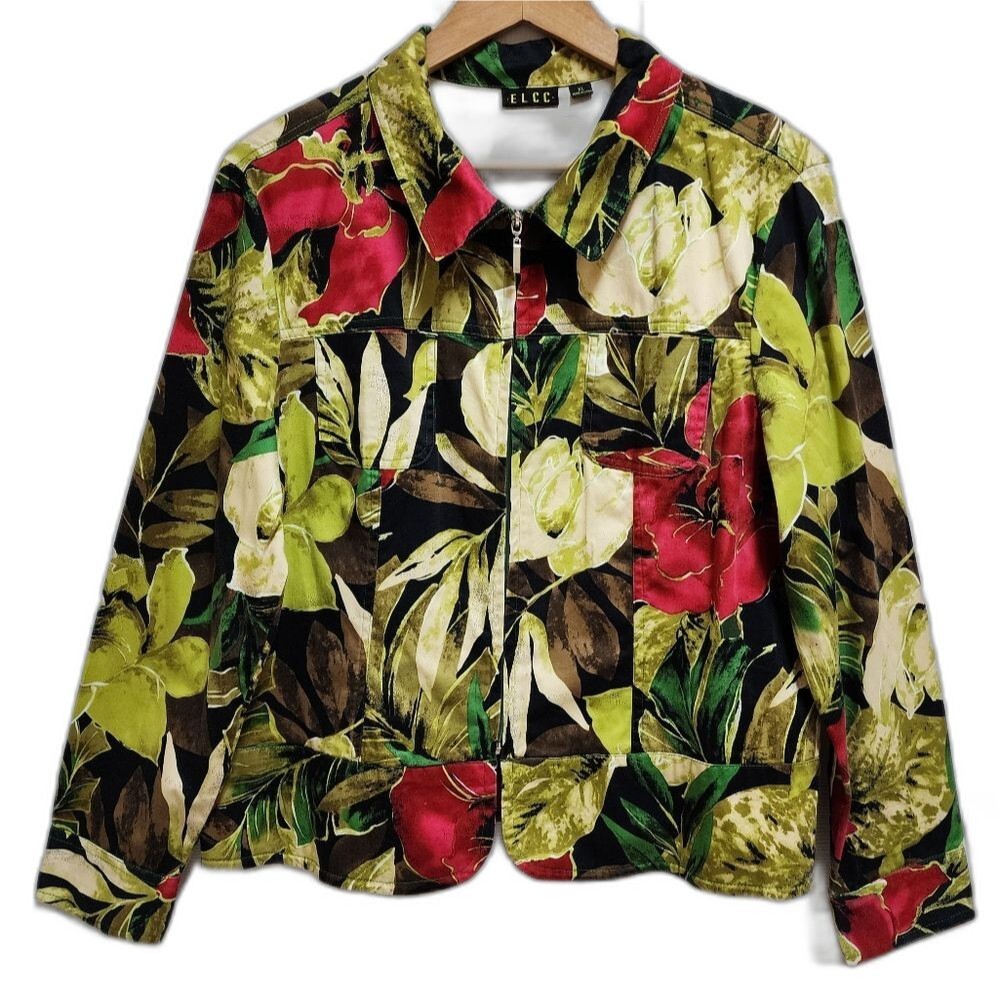 ELCC Jacket Womens Sz XL Cotton Blend Floral Tropical Long Slv Zip Lined Stretch